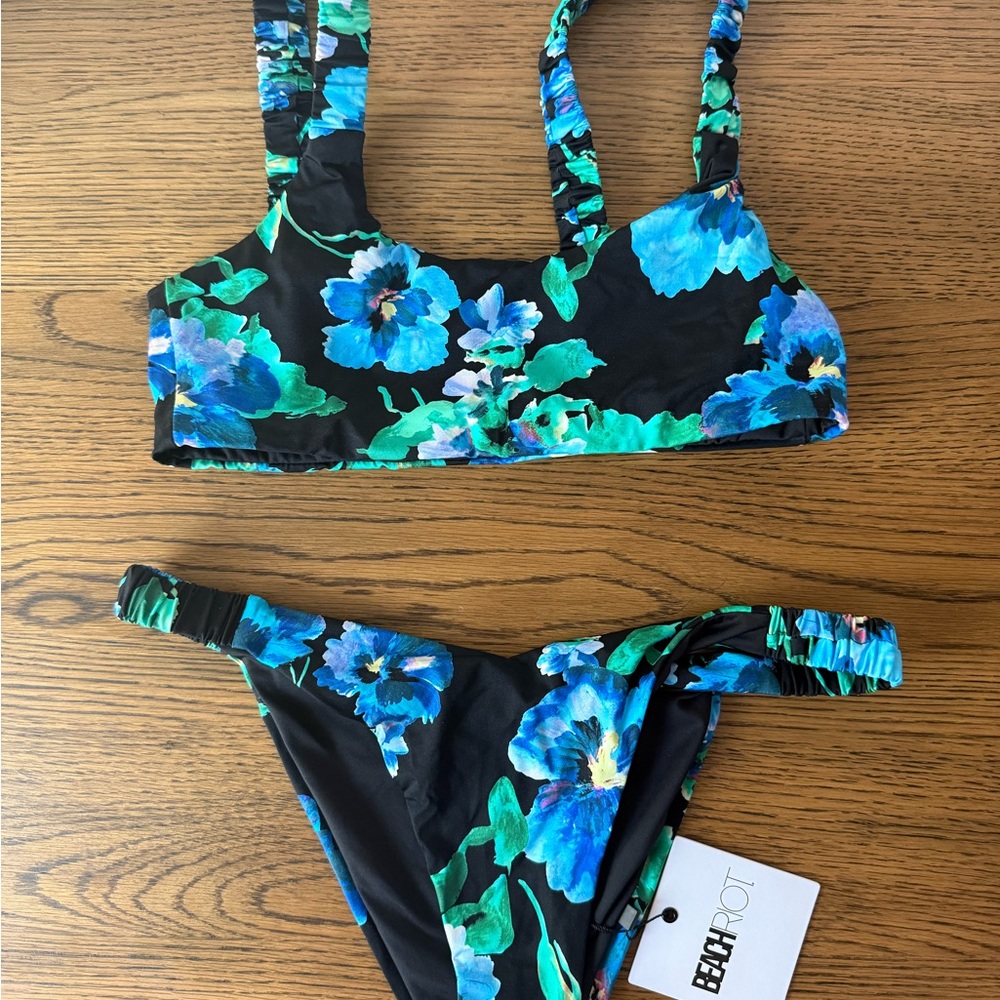 Beach Riot Black Floral Bikini Set with Blue & Green Flowers